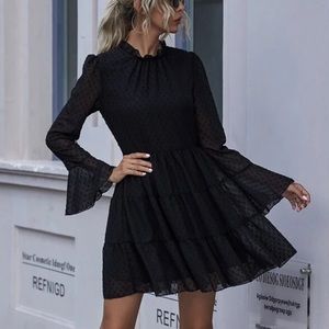 Longsleeve tiered polka dot mesh dress black frill